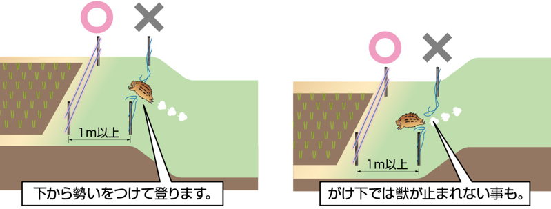 電気柵は斜面の設置を避け、平らな場所に設置してください。